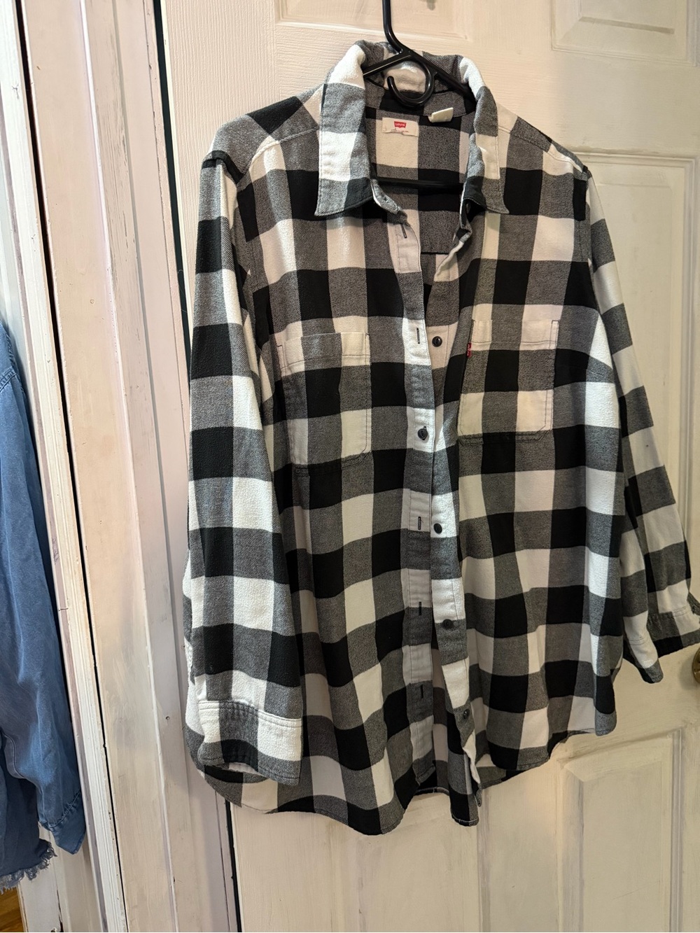 Levi's Black and White Check Flannel Shirt with Red Logo Tag